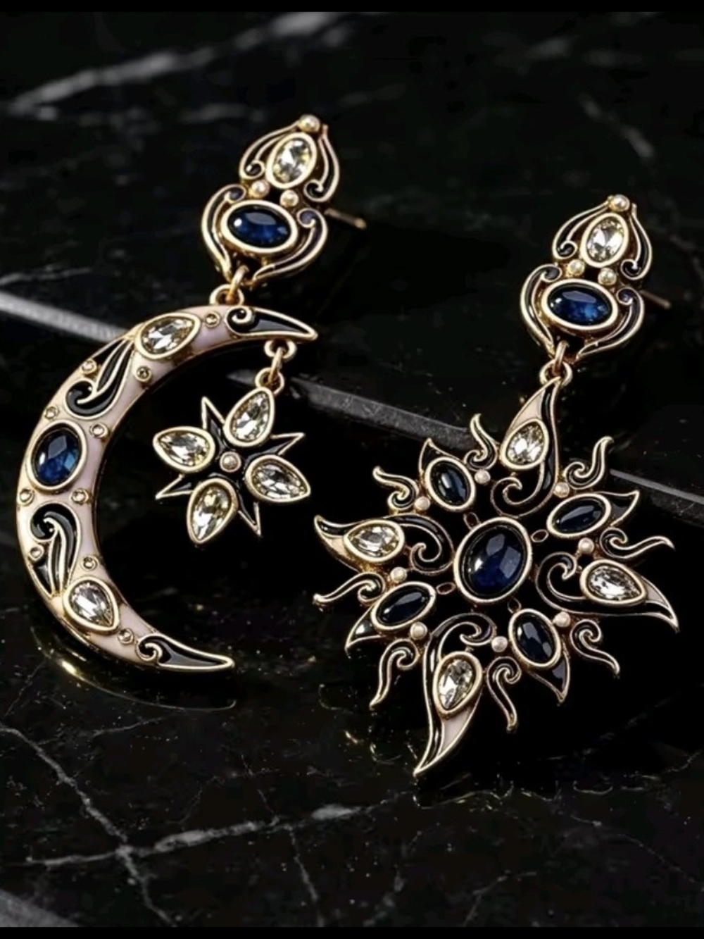 Gold-Tone Moon & Sun Drop Earrings with Blue Stones